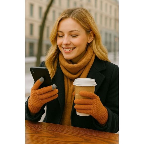 Touchscreen Gloves Unisex Burnt Orange Knit Winter - Picture 3 of 7